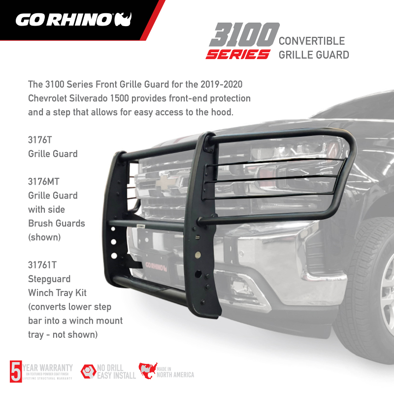 Chevrolet Silverado 1500 Grille Guard - Front - Go Rhino - 3100 Series StepGuard with Brush Guards - Textured Black - `19-`20